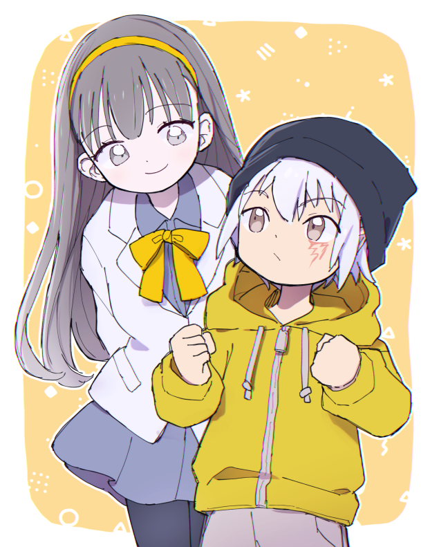1boy, 1girl, 3567days, aegiomon, beanie, black_hat, black_pantyhose, border