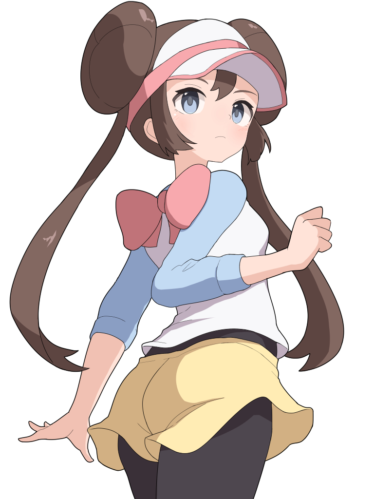 1girl, ass, black_pantyhose, blue_eyes, blue_shirt, breasts, brown_hair, closed_mouth