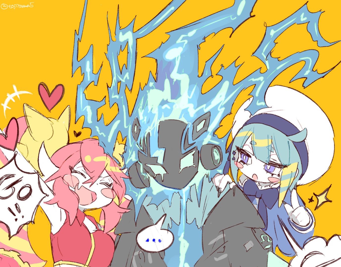 ..., 1boy, 2girls, bare_shoulders, black_coat, blonde_hair, blue_coat, blue_hair