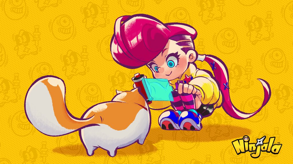 1boy, 1girl, :>, absurdly_long_hair, anime_coloring, aqua_eyes, asymmetrical_hair, badge, berecca, big_hair, black_shorts, character_background, closed_mouth, copyright_name, copyright_notice, english_commentary, english_text, from_behind, goro_(ninjala), gumchi, gungho, hair_ornament, hair_tubes, hairclip, halftone, halftone_background, holding, holding_scroll, horizontal-striped_thighhighs, jacket, large_tail, logo, long_hair, long_sleeves, looking_at_viewer, low-tied_long_hair, multicolored_shoes, ninjala, official_art, orange_fur, outline, padded_jacket, pin, pink_hair, pink_thighhighs, polka_dot, polka_dot_background, pompadour, ponytail, puffy_long_sleeves, puffy_sleeves, purple_outline, purple_thighhighs, rianti-wong, screen, scroll, second-party_source, shoe_soles, shoes, shorts, shuriken, sidecut, single_hair_tube, smile, sneakers, solo, squatting, tail, taking_picture, thigh-highs, undercut, very_long_hair, weapon, web_address, white_fur, white_shoes, x_hair_ornament, yellow_background, yellow_jacket, yellow_sleeve_cuffs, zipper_pull_tab