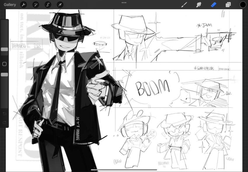 1boy, art_program_in_frame, black_hat, black_jacket, black_necktie, black_pants, chance_(forsaken), coin