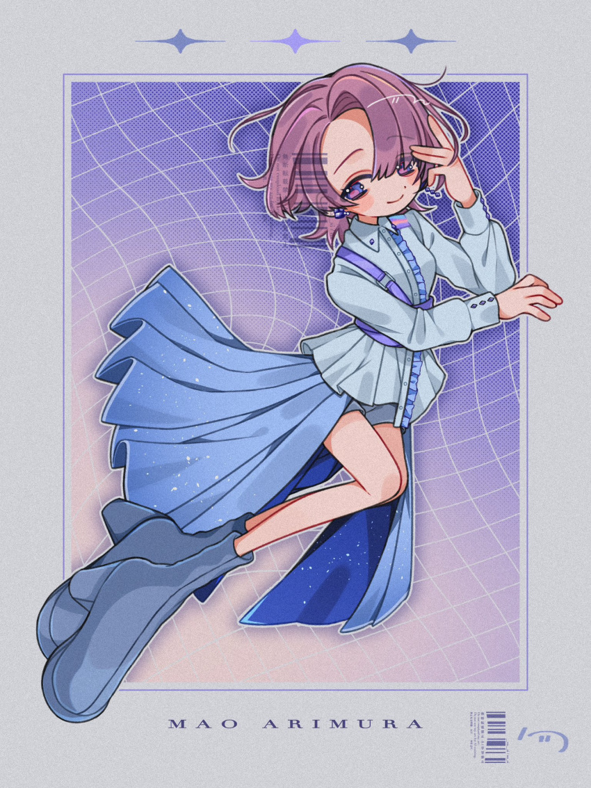 1girl, arimura_mao, asymmetrical_bangs, blue_background, blue_skirt, boots, character_name, closed_mouth