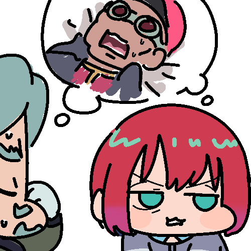 1girl, 2boys, amate_yuzuriha, bask_om, blue_eyes, blue_hair, challia_bull, commentary_request, goggles, gundam, gundam_gquuuuuux, jazz_jack, lowres, manatsu_no_yo_no_inmu, meme, multiple_boys, open_mouth, red_hair, short_hair, simple_background, white_background, yajuu_no_houkou_(meme)