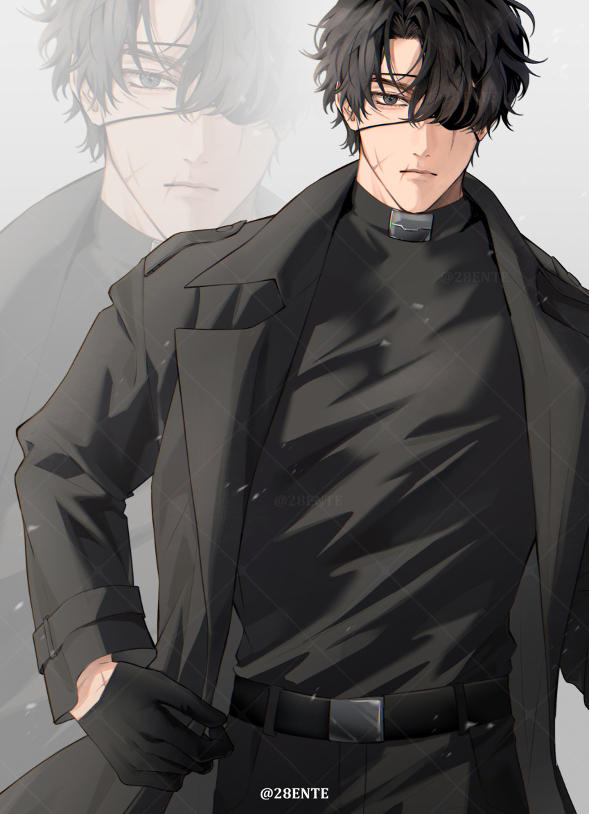 1boy, 28ente, absurdres, black_coat, black_eyes, black_gloves, black_hair, black_pants, closed_mouth, coat, collared_shirt, eyepatch, gloves, highres, long_sleeves, male_focus, omniscient_reader's_viewpoint, pants, scar, scar_across_eye, scar_on_cheek, scar_on_face, scar_on_hand, scar_on_mouth, shirt, short_hair, solo, twitter_username, yoo_joonghyuk