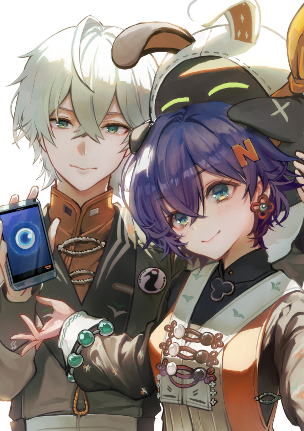 1boy, 1girl, bangboo_(zenless_zone_zero), belle_(zenless_zone_zero), blue_hair, cellphone, chinese_clothes, crossed_bangs