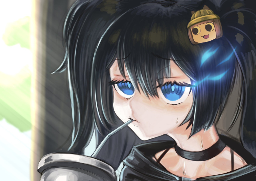 1girl, azur_lane, black_choker, black_hair, black_rock_shooter, black_rock_shooter_(character), blue_eyes, character_hair_ornament, choker, cup, drinking, gleam-and-dark, hair_between_eyes, hair_ornament, highres, holding, holding_cup, mutsuki_(azur_lane), mutsuki_face_(azur_lane), solo, sunlight, sweat, twintails, upper_body