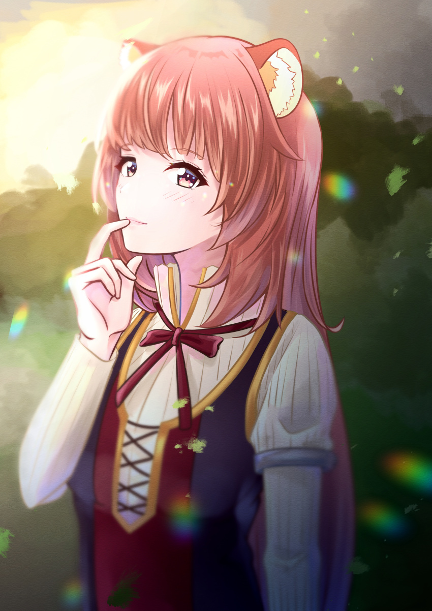 1girl, absurdres, animal_ear_fluff, animal_ears, black_dress, blunt_bangs, blush, breasts, brown_hair, closed_mouth, collared_dress, commentary_request, dress, dusk, eyelashes, finger_to_mouth, grey_sky, high_collar, highres, layered_dress, light_smile, lips, long_hair, long_sleeves, looking_at_viewer, metal_arm_cuffs, neck_ribbon, outdoors, pink_eyes, pn_luster, raccoon_ears, raccoon_girl, raphtalia, red_dress, red_ribbon, ribbon, sky, sleeveless, sleeveless_dress, small_breasts, solo, striped_clothes, striped_dress, tate_no_yuusha_no_nariagari, two-tone_dress, upper_body, vertical-striped_clothes, vertical-striped_dress, white_dress