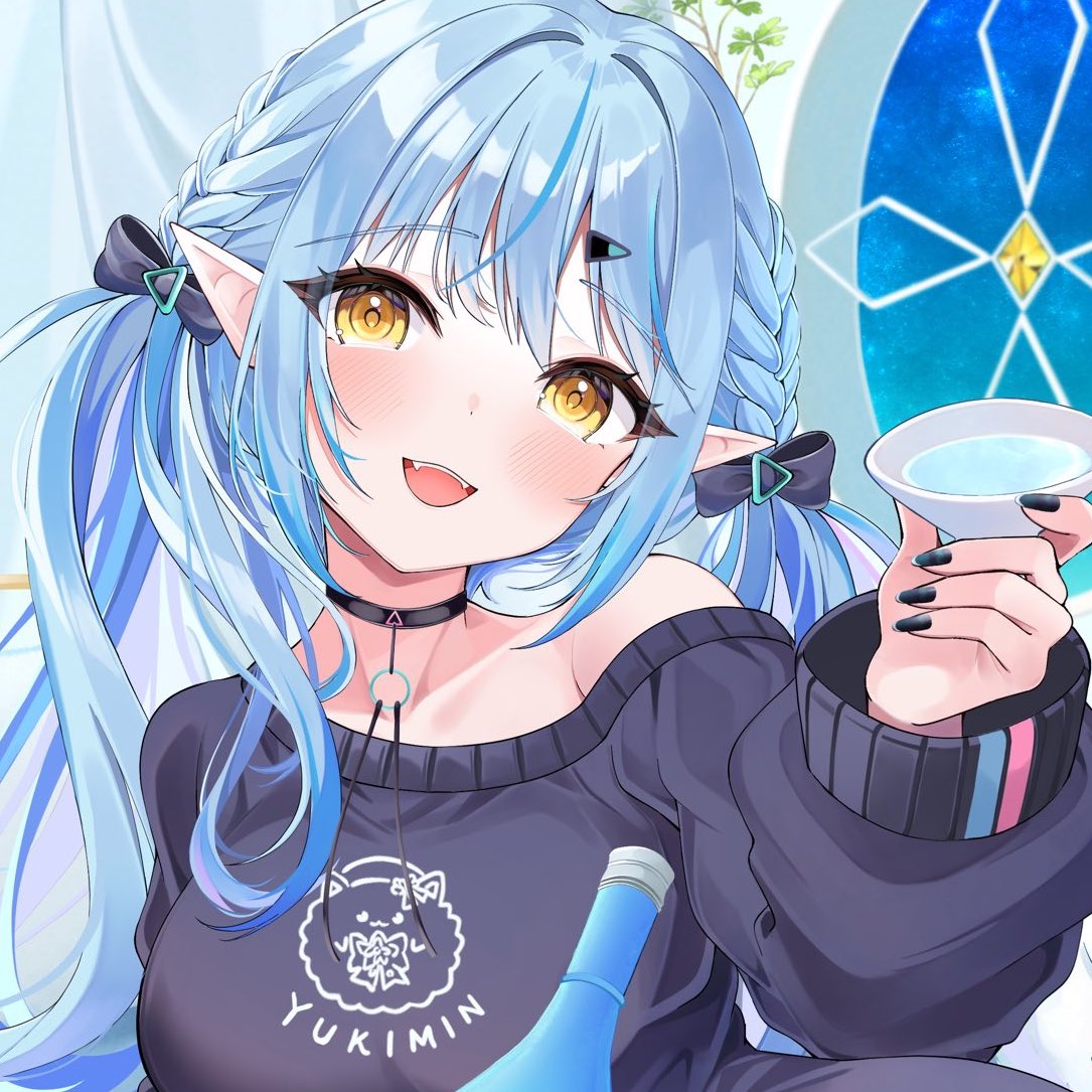 1girl, black_sweater, blue_hair, blush, breasts, character_print, choko_(cup), cup, hololive, ibuki_sho, large_breasts, long_hair, low_twintails, pointy_ears, print_sweater, single_bare_shoulder, solo, sweater, twintails, upper_body, virtual_youtuber, yellow_eyes, yukihana_lamy, yukihana_lamy_(cyber), yukimin_(yukihana_lamy)