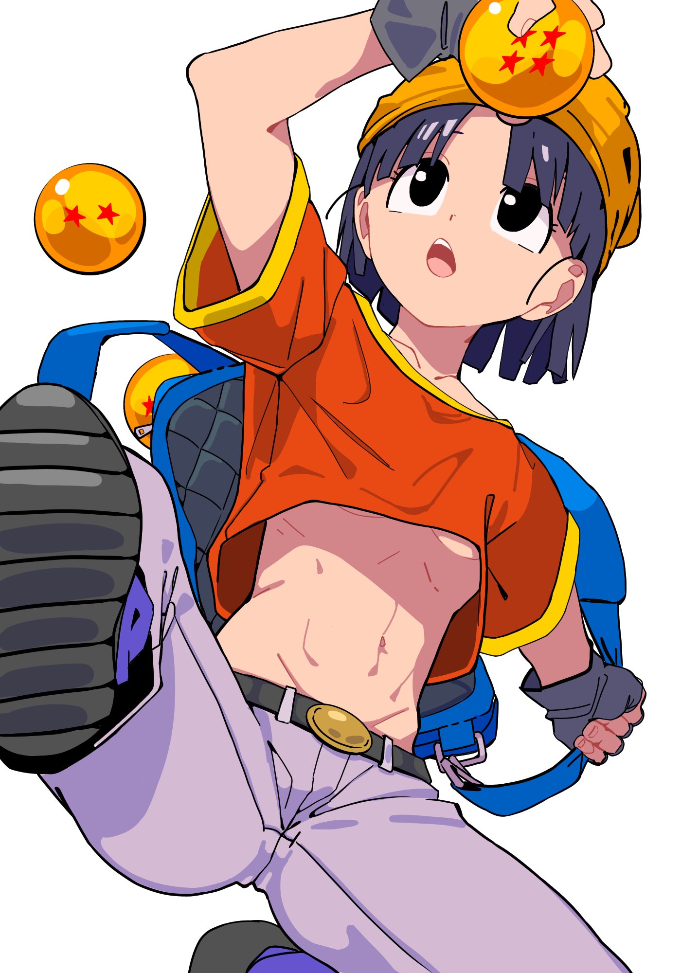 1girl, bandana, belt, black_eyes, black_gloves, black_hair, breasts, denim, dragon_ball, dragon_ball_(object), dragon_ball_gt, fingerless_gloves, gloves, goyu_moon, highres, jeans, midriff, open_mouth, orange_bandana, pan_(dragon_ball), pants, red_shirt, shirt, short_hair, simple_background, solo, under_boob, white_background