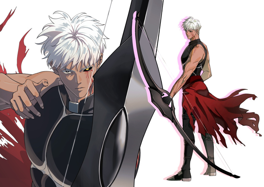1boy, absurdres, archer_(fate), armor, boots, bow, dark-skinned_male, dark_skin