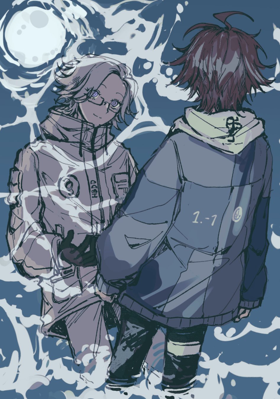 100horses, 2boys, ahoge, aotsuki_eito, black_gloves, black_pants, blue_jacket, commentary, different_reflection, drawstring, english_commentary, from_above, full_moon, glasses, gloves, grey_hair, grey_jacket, highres, hood, hoodie, jacket, looking_at_another, male_focus, moon, multicolored_jacket, multiple_boys, pants, red_hair, reflection, reflective_water, short_hair, smile, sumino_takumi, the_hundred_line_-last_defense_academy-, two-tone_jacket, violet_eyes, wading, white_hoodie, white_jacket, white_pants