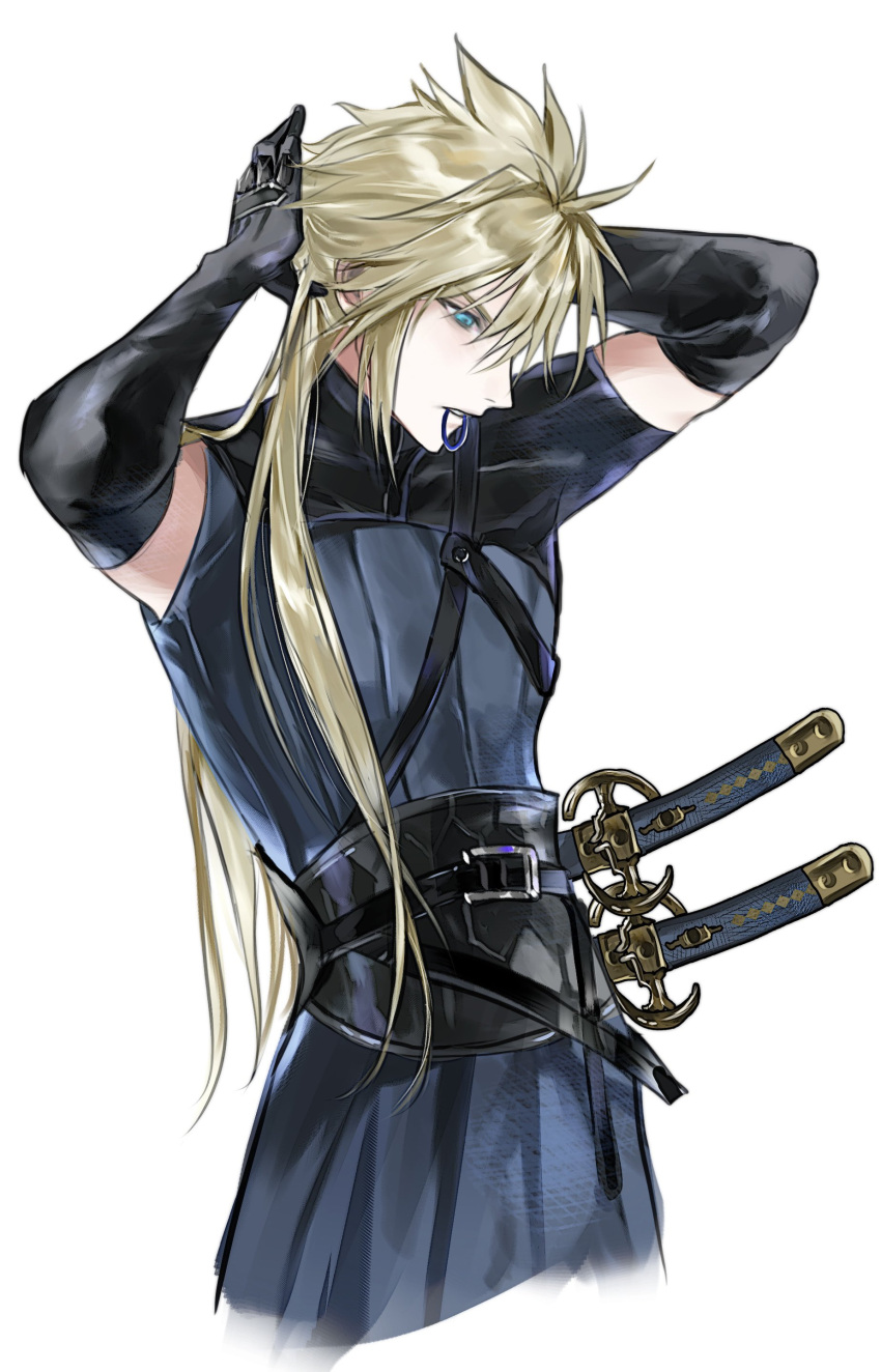 1boy, 3_3lecho, absurdres, alternate_costume, alternate_hairstyle, arms_up, black_gloves, blonde_hair