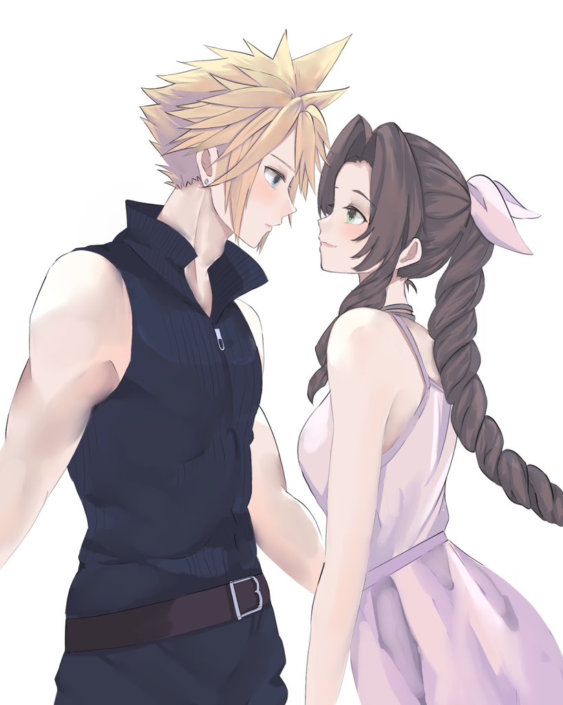 1boy, 1girl, aerith_gainsborough, aqua_eyes, bare_shoulders, belt, black_belt, black_vest, blonde_hair, braid, braided_ponytail, breasts, brown_hair, choker, cloud_strife, couple, dress, earrings, enju_clerith, final_fantasy, final_fantasy_vii, final_fantasy_vii_advent_children, green_eyes, hair_between_eyes, hair_ribbon, hetero, jewelry, light_blush, long_dress, long_hair, looking_at_another, medium_breasts, parted_bangs, pink_dress, pink_ribbon, popped_collar, ribbon, ribbon_choker, short_hair, sidelocks, single_braid, single_earring, sleeveless, sleeveless_dress, spaghetti_strap, spiky_hair, sundress, upper_body, vest, waist_cape, white_background