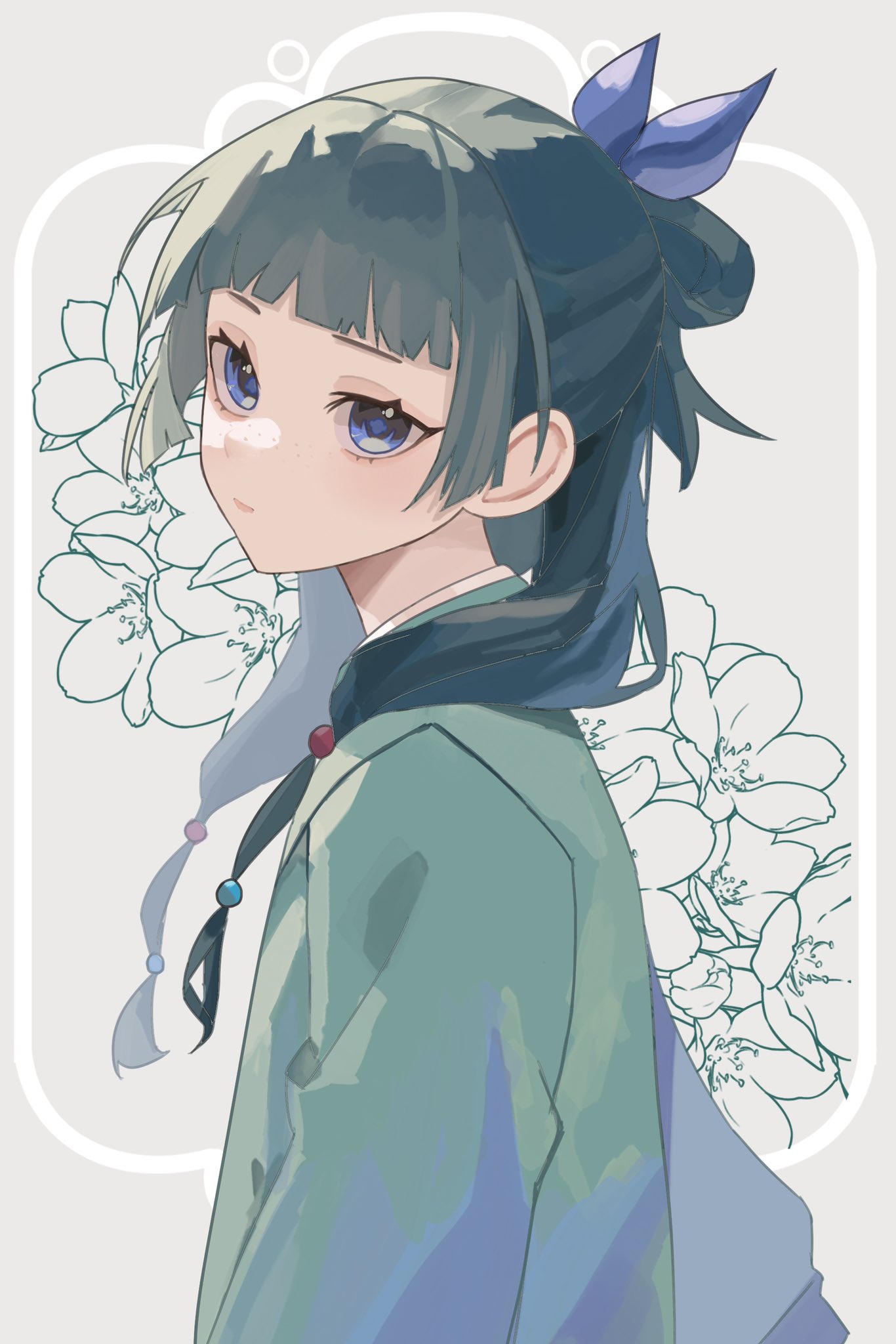 1girl, beads, blue_eyes, blue_ribbon, blunt_bangs, chinese_clothes, closed_mouth, enju_clerith, floral_background, green_hair, green_shirt, grey_background, hair_beads, hair_bun, hair_ornament, hair_over_shoulder, hair_ribbon, half_updo, highres, kusuriya_no_hitorigoto, long_hair, looking_at_viewer, maomao_(kusuriya_no_hitorigoto), ribbon, shirt, solo, upper_body