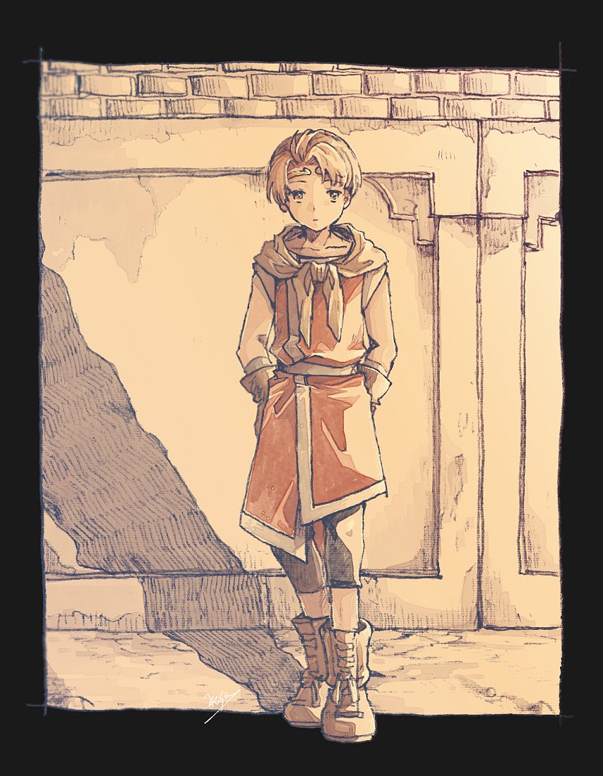 1boy, arms_behind_back, belt, black_border, black_pants, boots, border, brick_wall, brown_boots, brown_gloves, brown_hair, circlet, full_body, gensou_suikoden, gensou_suikoden_ii, gloves, male_focus, michibata_65, neckerchief, pants, parted_bangs, red_tunic, riou_(suikoden), short_hair, solo, tunic, white_belt, white_trim, yellow_neckerchief