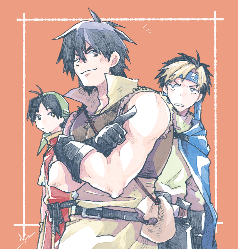 3boys, antenna_hair, bandana, belt, black_belt, black_gloves, black_hair, blonde_hair