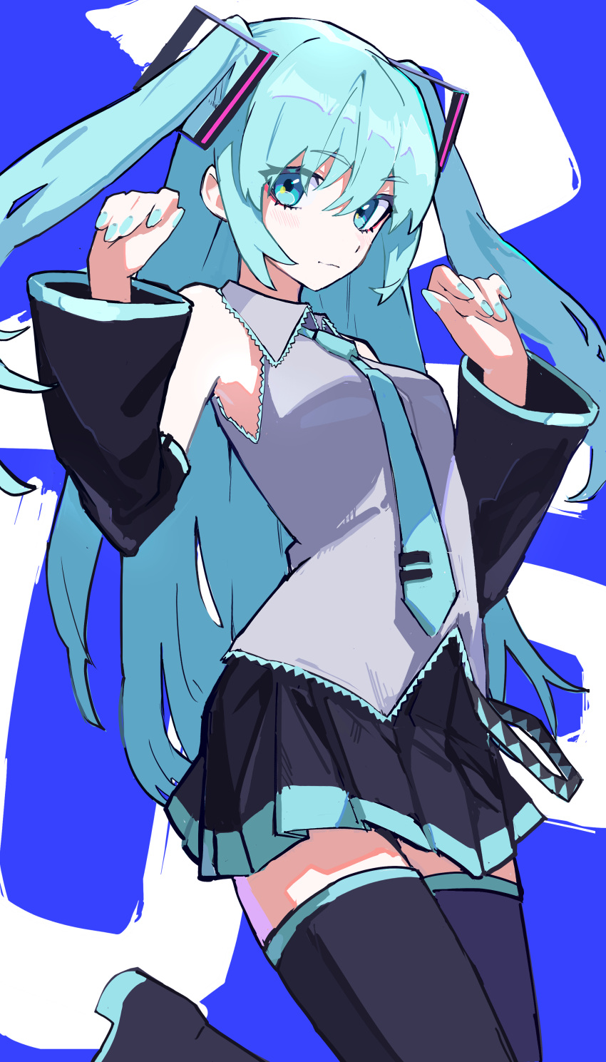 1girl, absurdres, bare_shoulders, black_boots, black_skirt, black_sleeves, blue_background, blue_eyes