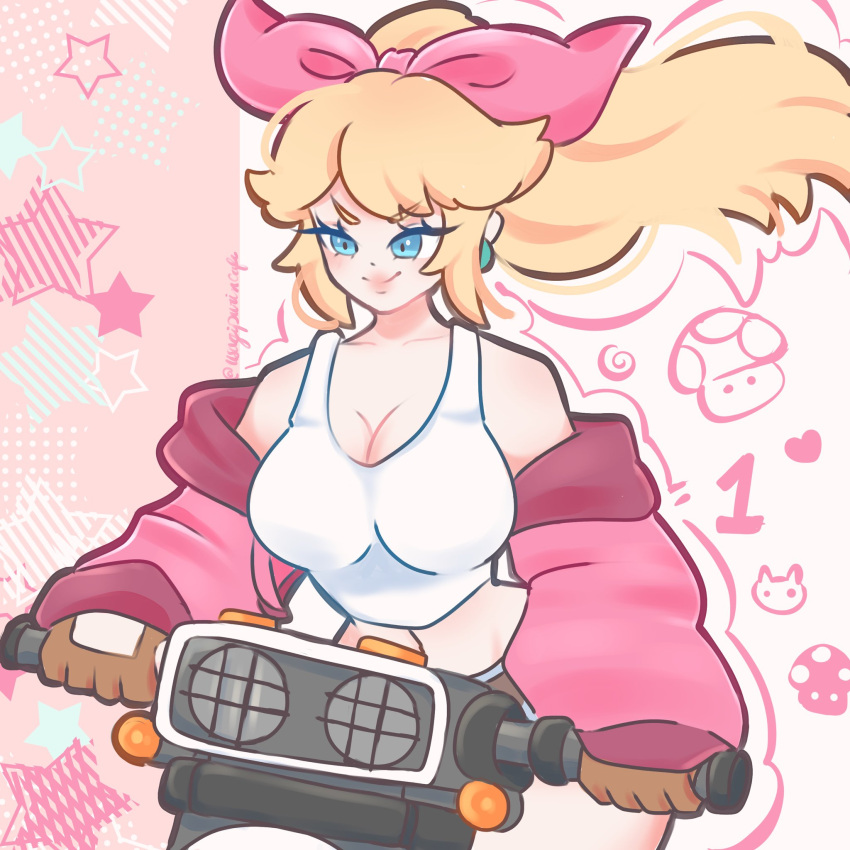 blonde_hair, blue_eyes, diving, gloves, hair_ribbon, highres, jacket, mario_kart