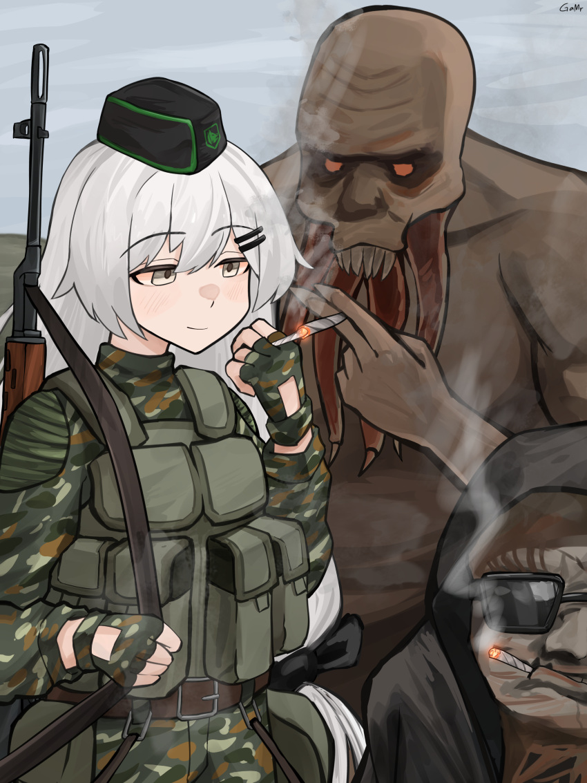 1girl, 2others, absurdres, black_bow, black_hair, bloodsucker, blush, bow