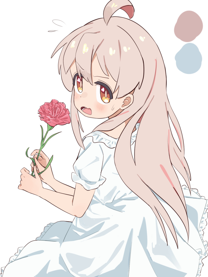 1girl, ahoge, bare_arms, brown_eyes, commentary, dress, flower, flying_sweatdrops