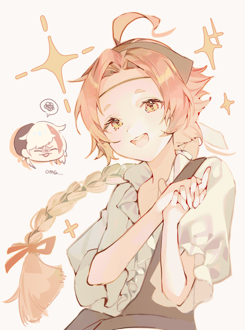 1boy, 1girl, :d, absurdres, acronym, ahoge, arknights, braid, commentary_request, elysium_(arknights), hair_ribbon, highres, long_hair, looking_at_viewer, multicolored_hair, open_mouth, own_hands_together, pink_hair, ribbon, rose_salt_(arknights), shirt, simple_background, smile, sparkle, spoken_squiggle, squiggle, streaked_hair, teeth, tongue, tongue_out, toru_3, upper_teeth_only, white_background, white_hair, white_shirt, yellow_eyes