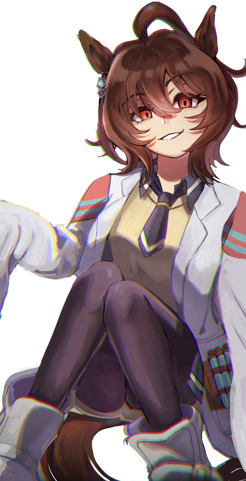 1girl, agnes_tachyon_(umamusume), ahoge, black_pantyhose, black_shirt, brown_hair, chemical_structure, coat