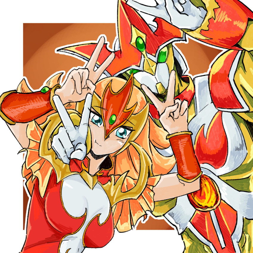 1boy, 1girl, armor, blonde_hair, blue_eyes, bodysuit, border, breasts, brown_background, double_v, duel_monster, elemental_hero_heat, elemental_hero_lady_heat, gold_armor, green_eyes, highres, long_hair, medium_breasts, red_bodysuit, simple_background, upper_body, v, white_bodysuit, white_border, yu-gi-oh!, zera_the_mant_(artist)