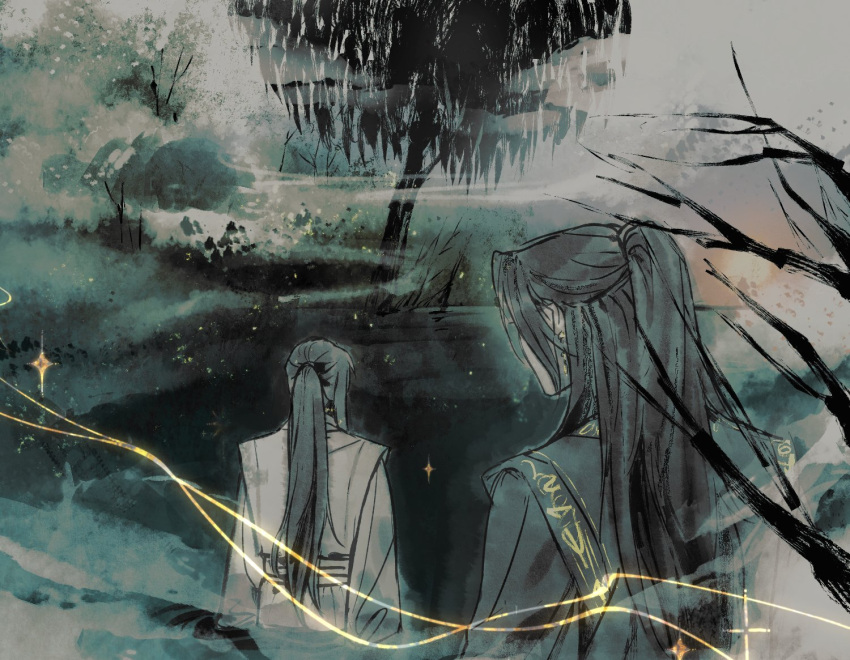 2boys, black_hair, black_hanfu, branch, breasts, chinese_clothes, dailysarndean, earrings