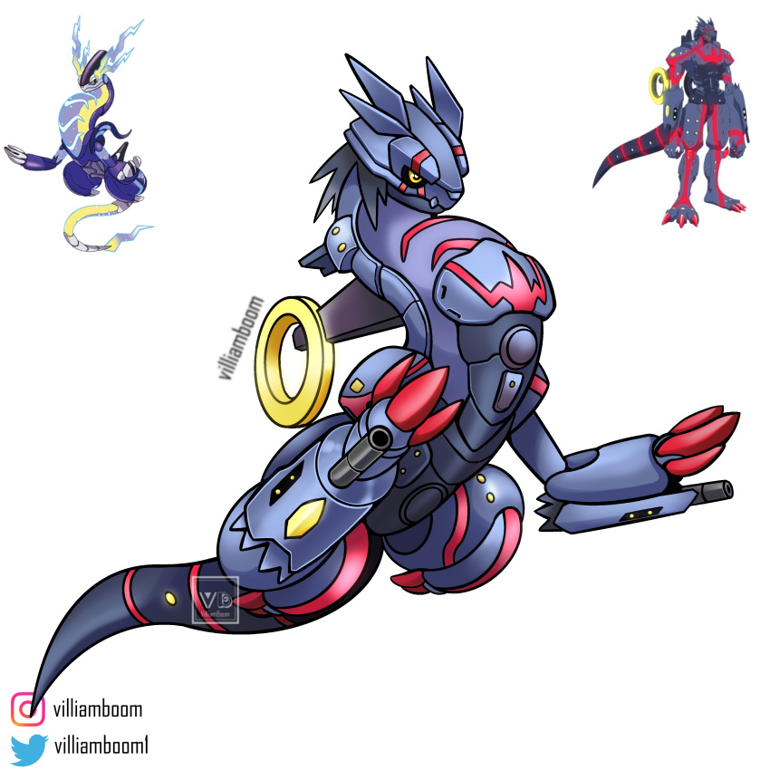 absurdres, arm_cannon, armor, artist_name, black_hair, blue_armor, blue_helmet, cyborg, digimon, digimon_(creature), dragon, english_commentary, full_body, fusion, gabumon_-yujo_no_kizuna-, helmet, highres, miraidon, official_art_inset, pokemon, pokemon_(creature), short_hair, simple_background, villiam_boom, weapon, white_background, wolf, yellow_eyes