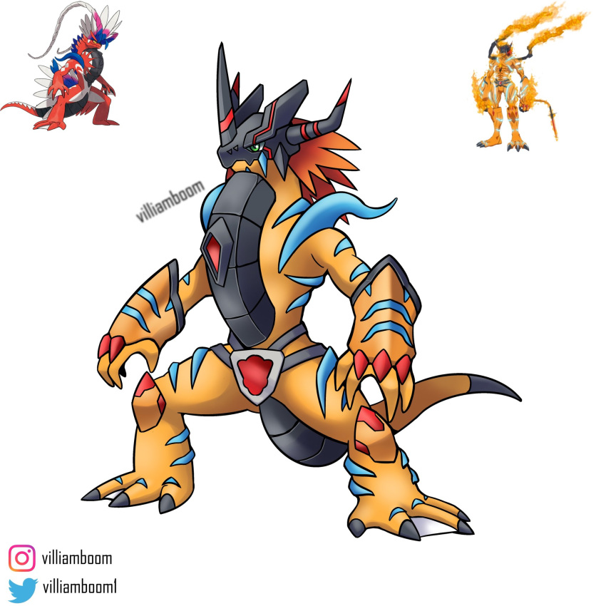 agumon_-yuki_no_kizuna-, artist_name, digimon, digimon_(creature), dragon, english_commentary, full_body, fusion, green_eyes, helmet, highres, koraidon, medium_hair, official_art_inset, orange_hair, pokemon, pokemon_(creature), simple_background, spiky_hair, standing, villiam_boom, white_background