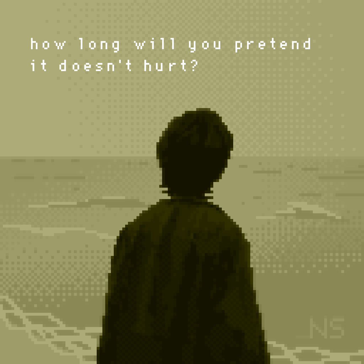 1boy, beach, black_hair, english_text, from_behind, highres, jacket, male_focus