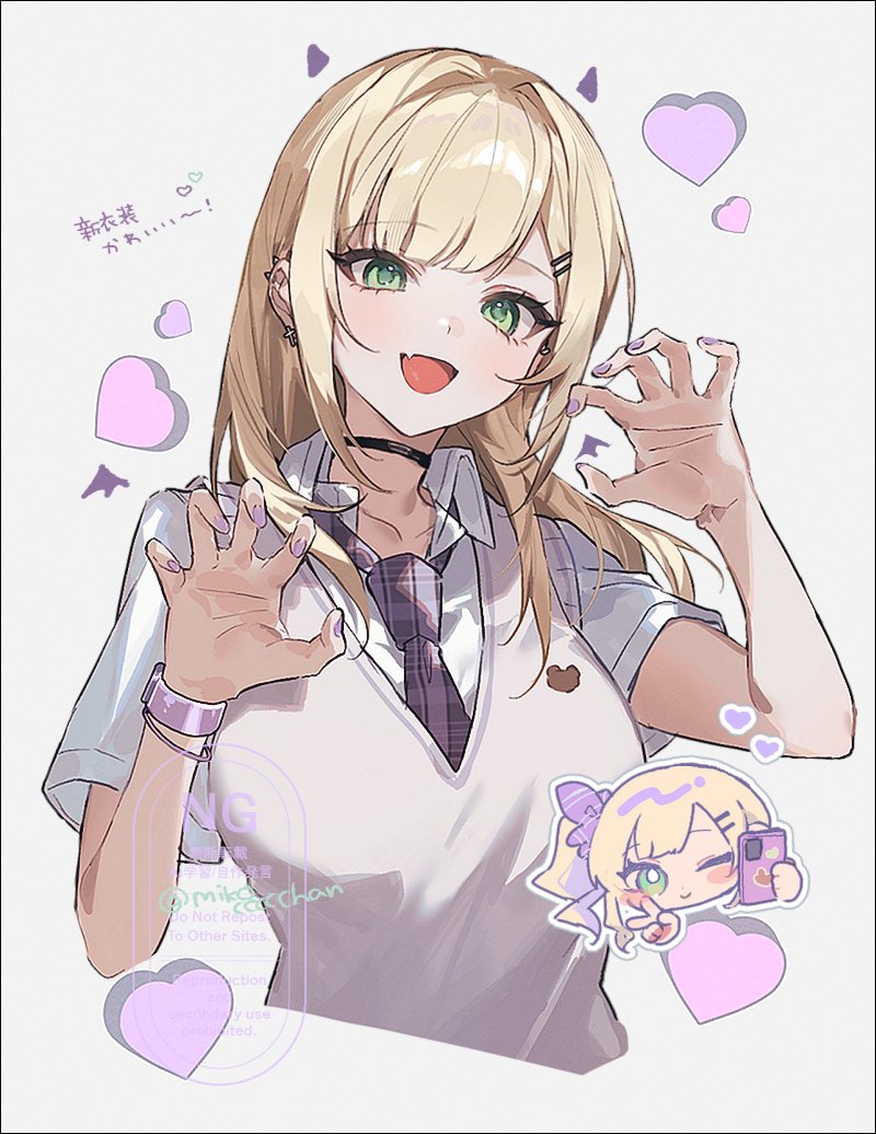 1girl, black_choker, blonde_hair, blunt_bangs, character_request, chibi, choker, claw_pose, collared_shirt, copyright_request, cross, cross_earrings, ear_piercing, earrings, fang, green_eyes, hair_ornament, hairpin, heart, jewelry, mikoccccchan, nail_polish, necktie, one_eye_closed, open_mouth, phone, piercing, shirt, side_ponytail, skin_fang, sweater_vest, swept_bangs, twitter_username, v, white_shirt