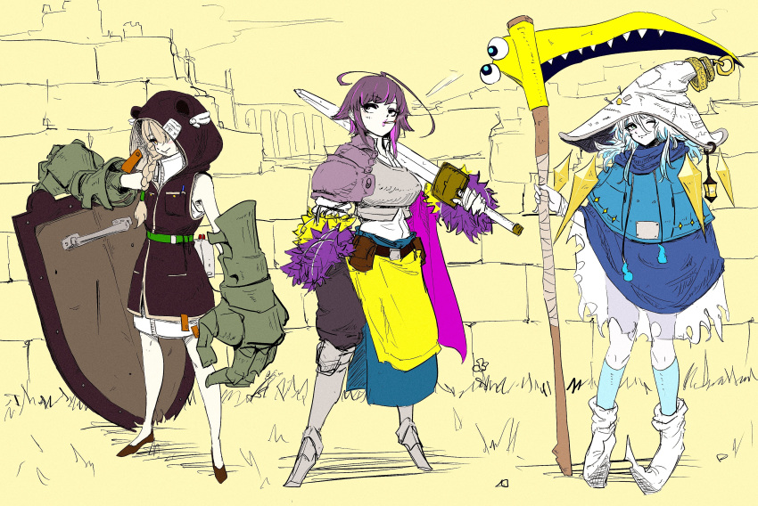 3girls, absurdres, adapted_costume, amatsuna_sasaha, armored_boots, black_dress, black_eyes, blonde_hair