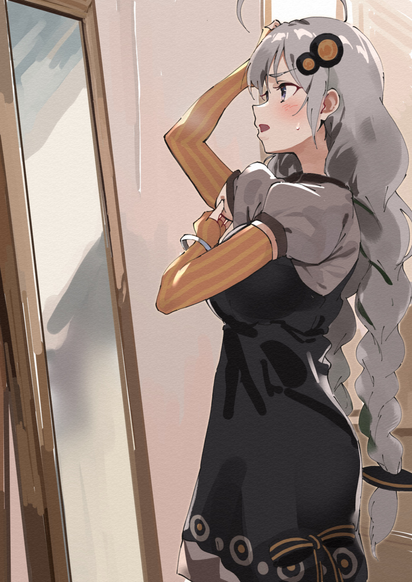 1girl, ahoge, arm_pinching, black_dress, blush, braid, breasts, brown_gloves