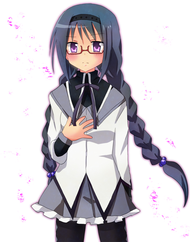 akemi_homura, alternate_hairstyle, black_hair, black_legwear, black_pantyhose, braid, glasses, hairband