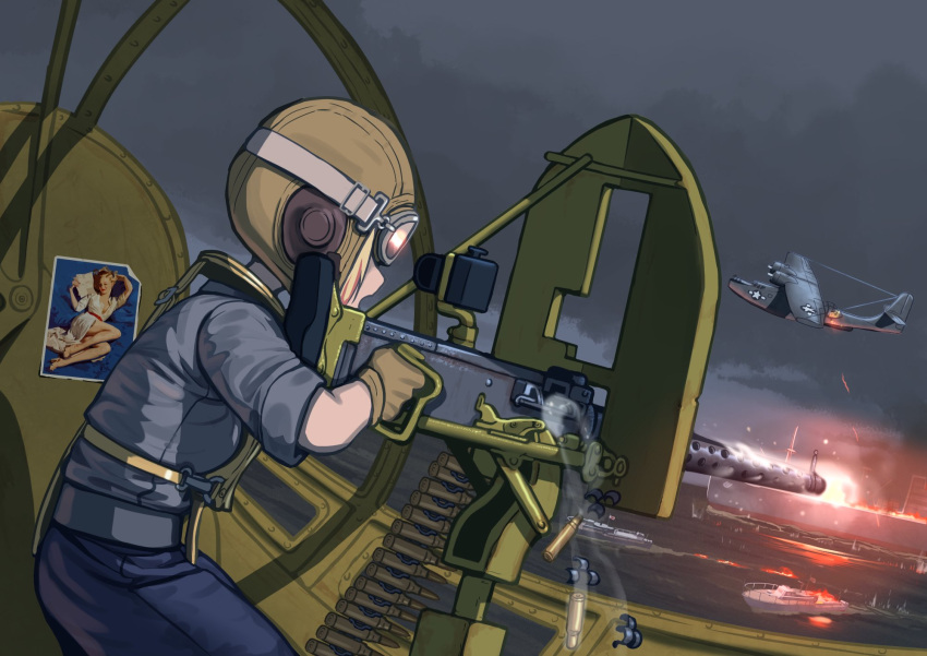 1girl, airplane_interior, ammunition_belt, battle, blue_pants, blue_shirt, browning_m2, call_of_duty