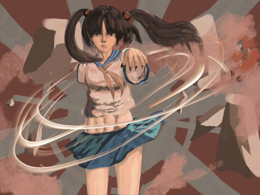 1girl, abs, asian, black_hair, black_nails, blue_sailor_collar, blue_skirt, breasts, command_&amp;_conquer, command_&amp;_conquer:_red_alert, command_&amp;_conquer:_red_alert_3, fingernails, floating, floating_hair, floating_object, hair_tie, japanese_flag, long_fingernails, looking_at_viewer, medium_breasts, midriff, neckerchief, red_neckerchief, sailor_collar, school_uniform, sharp_fingernails, shirt, skirt, straight-on, telekinesis, thighs, toned, toned_female, twintails, white_shirt, wind, wind_lift, yemiaoye1997, yuriko_omega