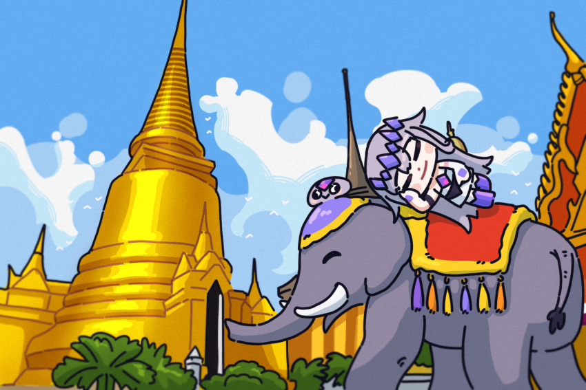 1girl, 2others, bing_huyue, blue_sky, blush_stickers, buddhism, chest_jewel, chibi, closed_eyes, clouds, cloudy_sky, elephant, elephant_tail, gem, gem_hair_ornament, hand_jewel, highres, hololive, hololive_english, koseki_bijou, koseki_bijou_(casual), lying, multiple_others, on_side, pebble_(koseki_bijou), purple_gemstone, purple_shoes, reclining, shoes, sky, stupa, temple, thailand, vegetation, virtual_youtuber, wat_pho