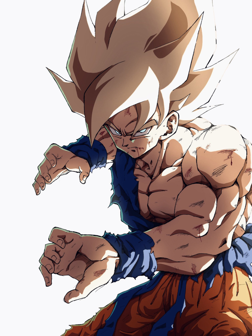 1boy, bare_shoulders, battle_damage, blonde_hair, blood, blood_from_mouth, blue_sash, blue_shirt