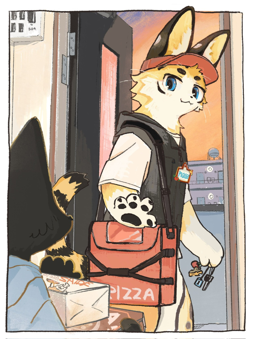 2boys, animal_ears, black_fur, black_vest, blue_eyes, borrowed_character, brown_fur, cat