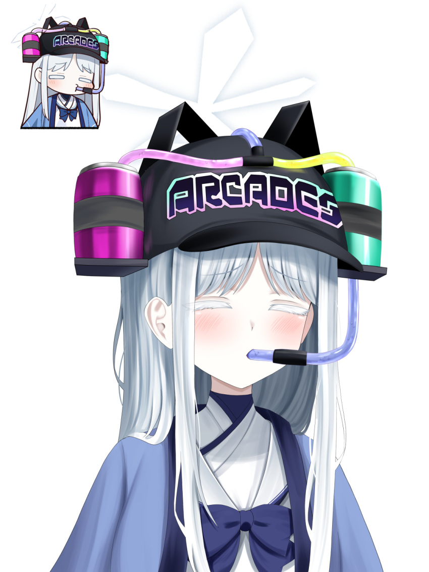 1girl, beer_hat, black_hat, blue_archive, blue_bow, blue_haori, blush, bow
