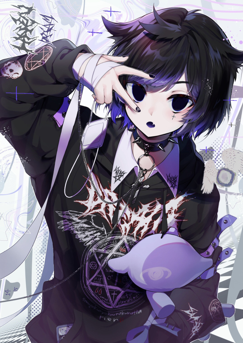 1boy, androgynous, bandages, black_hair, blue_eyes, chuunibyou, collar, colored_tips, commentary_request, cross, eita_789, goth_fashion, haku_(eita_789), hexagram, highres, hood, hood_down, hoodie, hugging_object, inverted_pentagram, male_focus, multicolored_hair, nail_polish, original, otoko_no_ko, punk, purple_hair, revision, short_hair, solo, spiked_collar, spikes, stuffed_animal, stuffed_toy, v, yami_kawaii