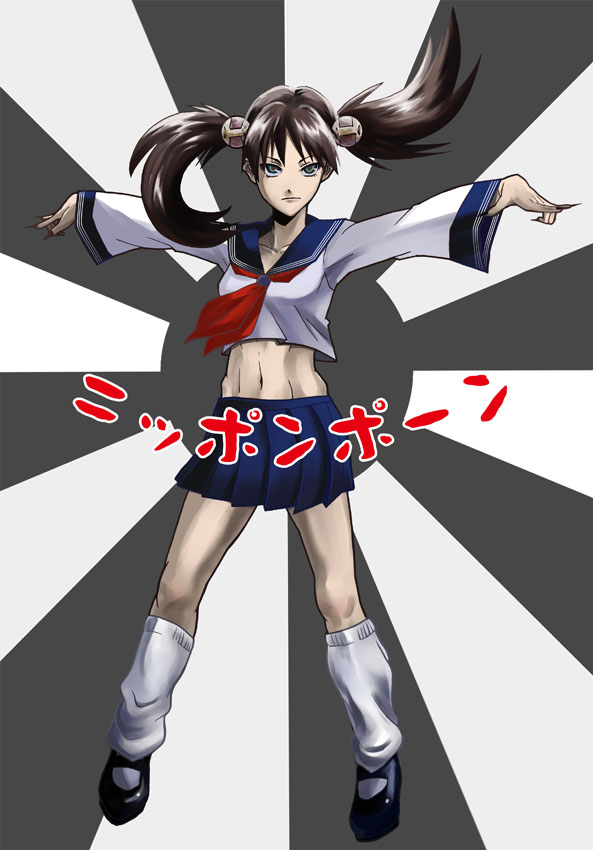 1girl, asian, black_hair, black_shoes, blue_eyes, blue_sailor_collar, blue_skirt, breasts, command_&amp;_conquer, command_&amp;_conquer:_red_alert, command_&amp;_conquer:_red_alert_3, fingernails, floating, floating_hair, full_body, hair_tie, japanese_flag, knees, kururanabaru, long_fingernails, loose_socks, midriff, miniskirt, navel, neckerchief, red_neckerchief, sailor_collar, school_uniform, sharp_fingernails, shirt, shoes, skirt, small_breasts, socks, thighs, toned, toned_female, twintails, white_shirt, yuriko_omega