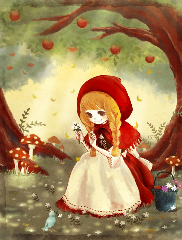 apple, bangs, basket, bird, blonde_hair, braid, capelet, food