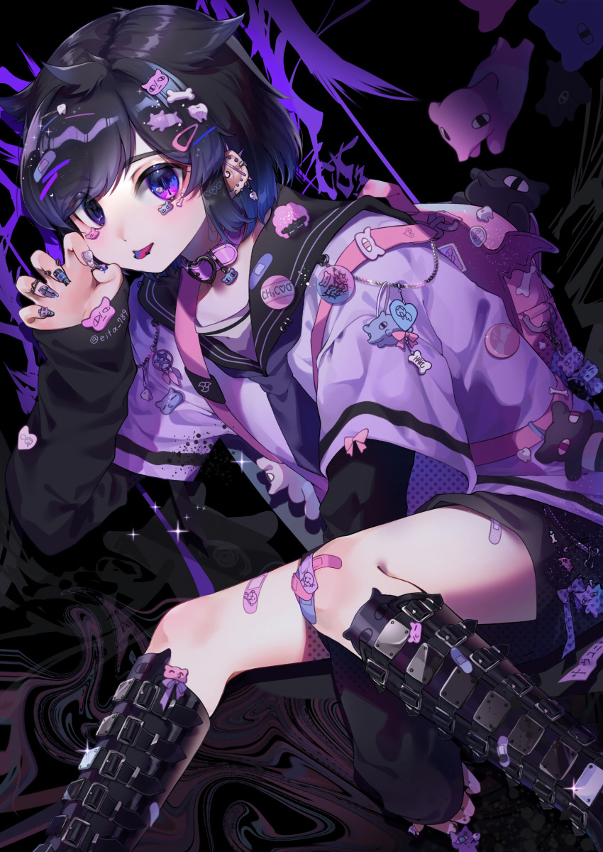 1boy, absurdres, androgynous, bishounen, black_background, black_hair, boots, colored_tips