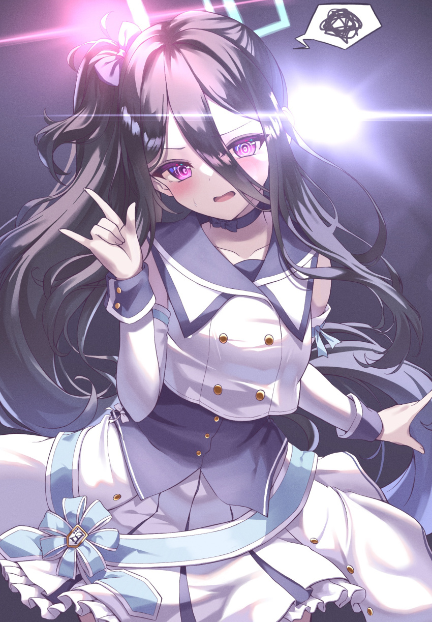 1girl, \m/, alternate_costume, amerika_neko, aqua_halo, backlighting, bare_shoulders, black_choker