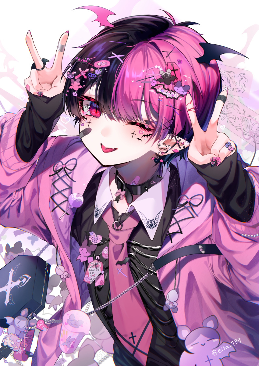 1boy, absurdres, aegyo_sal, bandaid, bandaid_on_face, bandaid_on_finger, bandaid_on_neck, bat_wings