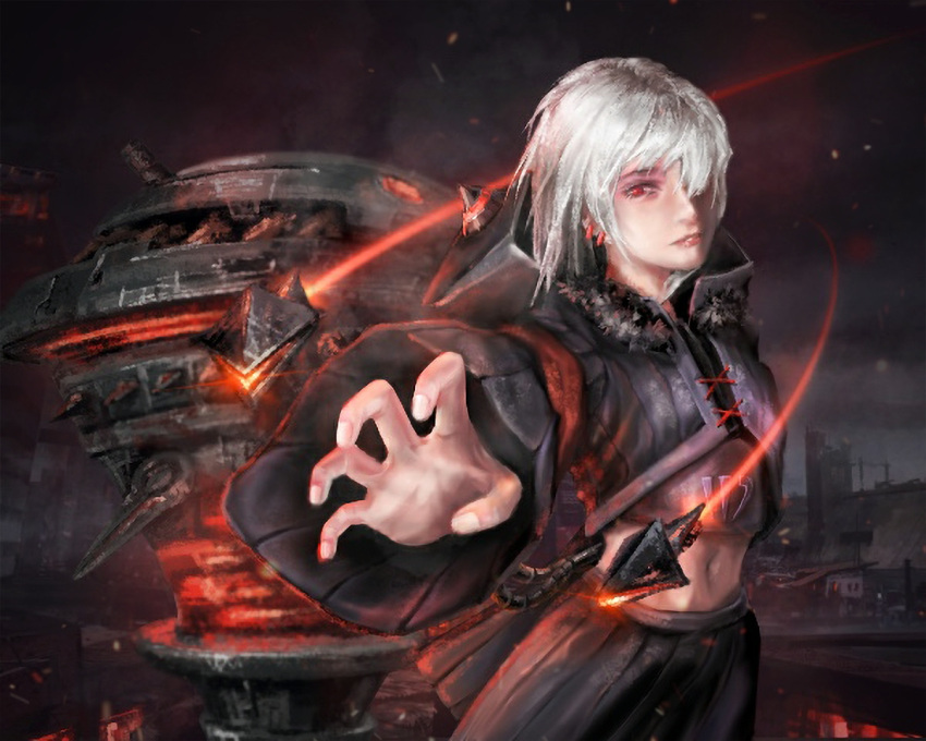 1girl, battlefield, breasts, command_&amp;_conquer, command_&amp;_conquer:_red_alert, cqdym, dart, earrings, fingernails, fur_trim, glowing, hair_over_one_eye, hood, hood_down, hoodie, incoming_attack, jewelry, libra_(mental_omega), lips, looking_at_viewer, machine, machinery, mental_omega_(mod), midriff, navel, nose, pleated_skirt, reaching, reaching_towards_viewer, realistic, red_eyes, resh_vav_yod_symbol, short_hair, skirt, small_breasts, solo, straight-on, straight_hair, telekinesis, white_hair