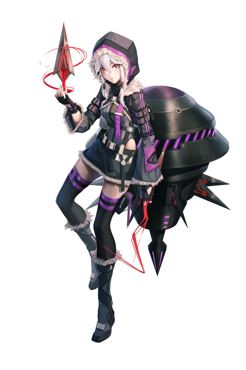 1girl, absurdres, black_boots, black_hood, black_shirt, black_skirt, black_thighhighs, boots, breasts, command_&amp;_conquer, command_&amp;_conquer:_red_alert, command_&amp;_conquer:_red_alert_2, dart, floating, fur_boots, fur_trim, highres, hip_vent, hood, hood_up, libra_(mental_omega), looking_at_viewer, looking_up, lu_(pixiv20967832), machine, machinery, miniskirt, psi-corps_symbol, red_eyes, science_fiction, shirt, short_hair, sidelocks, skirt, small_breasts, tactical_clothes, telekinesis, thigh-highs, thighs, transparent_background, white_hair