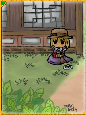 1girl, black_eyes, blonde_hair, brown_hat, bush, card_(medium), closed_mouth, cup